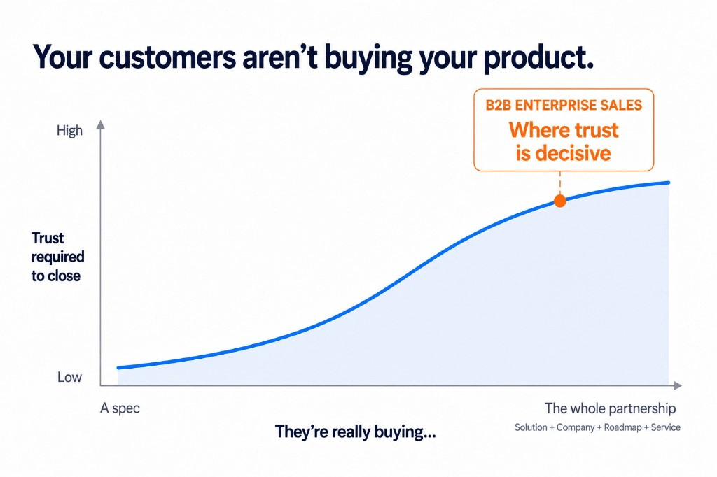 Chart showing that in B2B enterprise sales, trust required to close rises sharply as customers move from buying a spec to buying the whole partnership