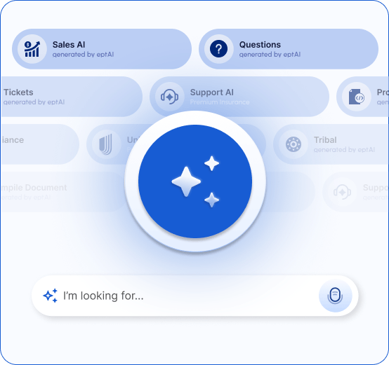 Animated flow of documents through AI layers to answer card