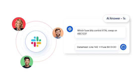 Engineer queries Team AI in Slack for datasheet lines, errata deltas, and code snippets.